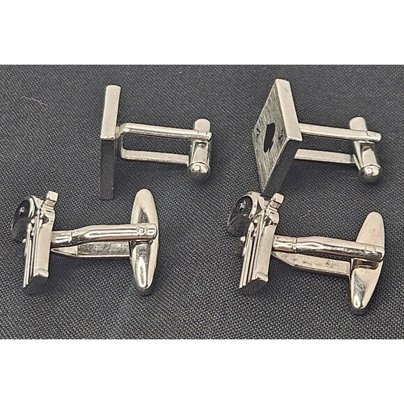 Two Pairs Ace Of Spades Cards And Revolver Silver Plated Cufflinks Lot - Picture 2 of 3